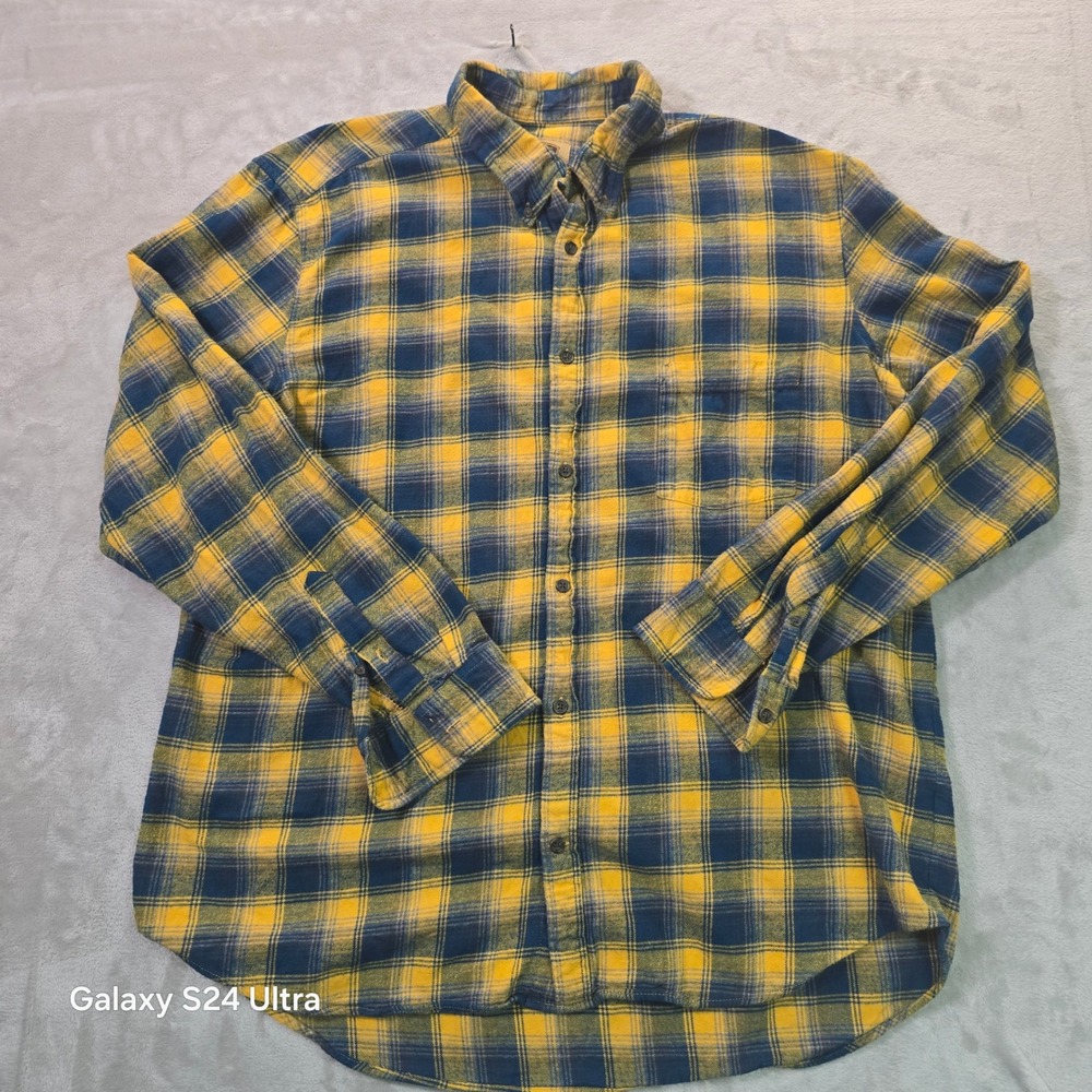 The Foundry Supply Co Mens XLT Yellow Navy Blue Plaid Flannel Shirt 100% Cotton